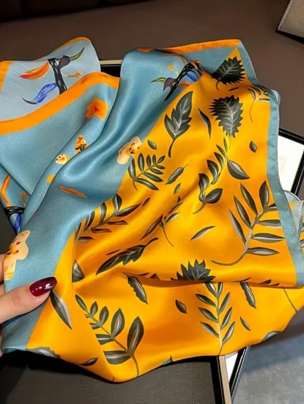 Silk-feel Floral Two-Tone Scarf Skirt - Blue & Yellow Head Scarf , Neck Scarf - Picture 2 of 5